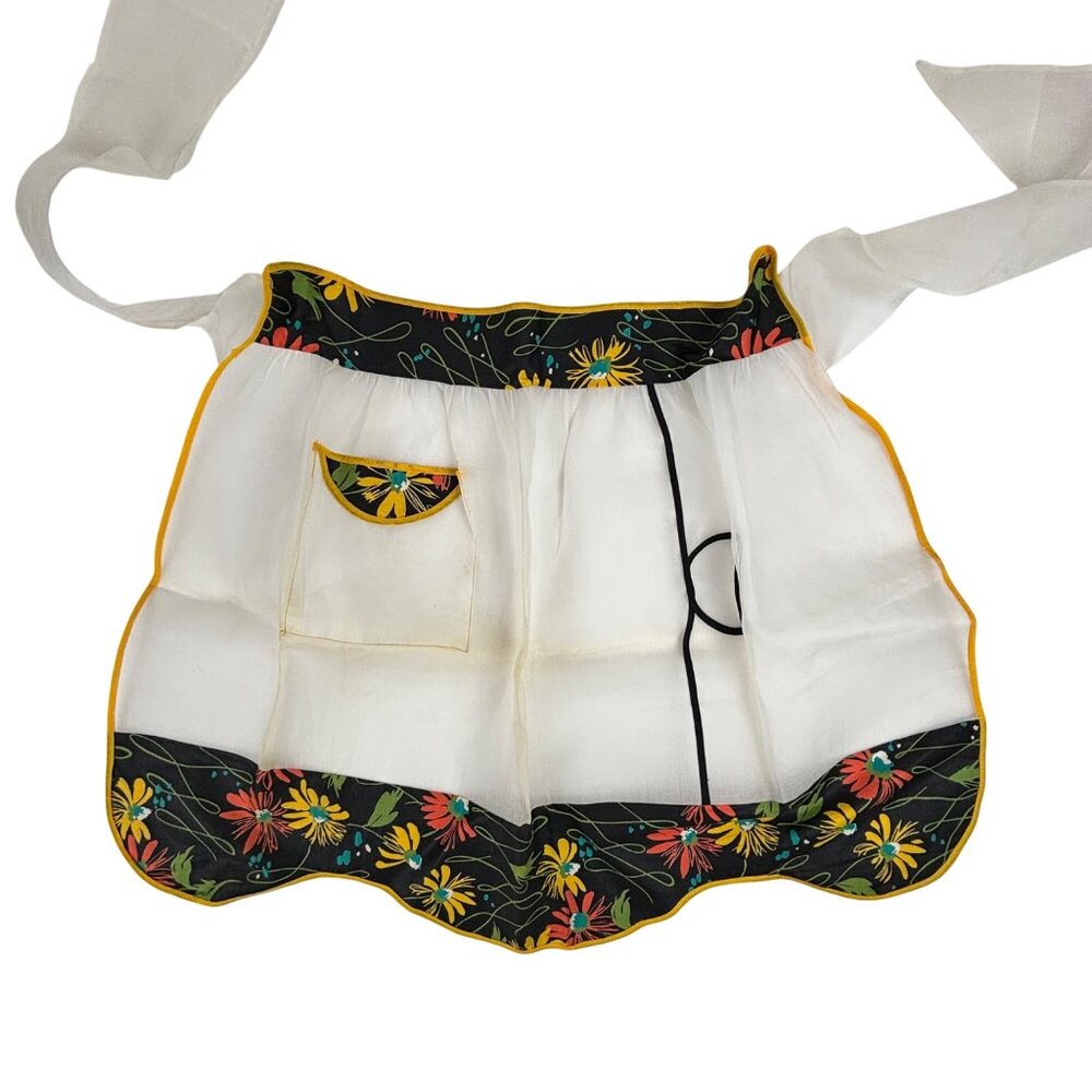 Vintage 50s Sheer Half Apron Floral Print Curved Hem In Original Abraham & Strau - Picture 11 of 11